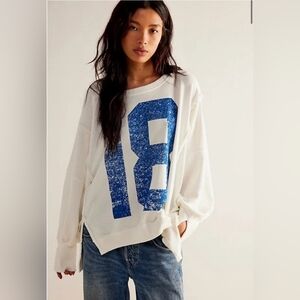 Free People White Sweatshirt with Blue Graphic